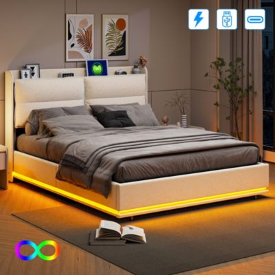 Lit rembourré 160x200cm avec chargement sans fil (USB & Type-c), lit double avec LED, velours, beige