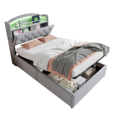 Lit rembourré 90 par 200 en velours gris avec LED et ports USB lit simple multifonction avec grand espace de rangement