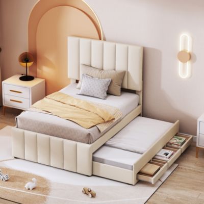 Lit rembourré 90 sur 200 cm avec lit gigogne et tiroirs tissu lin beige pour adultes ou jeunes simple confortable