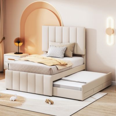 Lit rembourré 90 sur 200 cm avec lit gigogne et tiroirs tissu lin beige pour adultes ou jeunes simple confortable