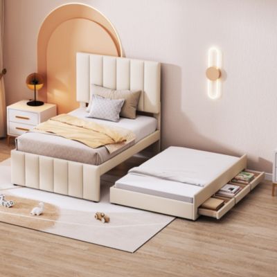 Lit rembourré 90 sur 200 cm avec lit gigogne et tiroirs tissu lin beige pour adultes ou jeunes simple confortable