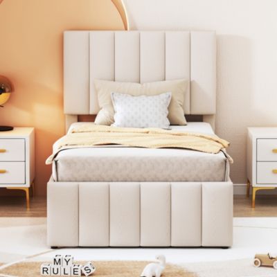 Lit rembourré 90 sur 200 cm avec lit gigogne et tiroirs tissu lin beige pour adultes ou jeunes simple confortable