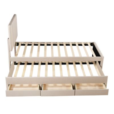 Lit rembourré 90 sur 200 cm avec lit gigogne et tiroirs tissu lin beige pour adultes ou jeunes simple confortable