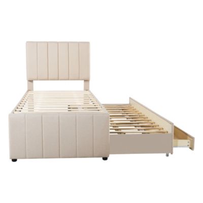 Lit rembourré 90 sur 200 cm avec lit gigogne et tiroirs tissu lin beige pour adultes ou jeunes simple confortable
