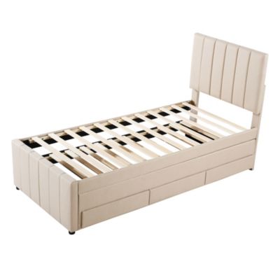 Lit rembourré 90 sur 200 cm avec lit gigogne et tiroirs tissu lin beige pour adultes ou jeunes simple confortable