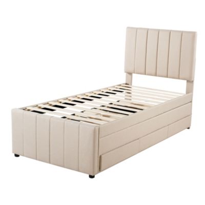 Lit rembourré 90 sur 200 cm avec lit gigogne et tiroirs tissu lin beige pour adultes ou jeunes simple confortable