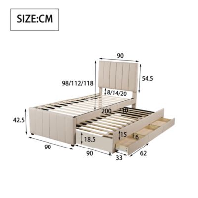 Lit rembourré 90 sur 200 cm avec lit gigogne et tiroirs tissu lin beige pour adultes ou jeunes simple confortable