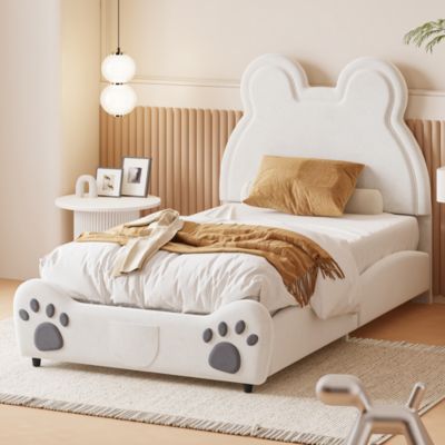 Lit rembourré 90 sur 200 cm forme ours velours doux confortable blanc