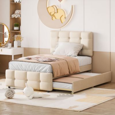 Lit rembourré 90 sur 200 cm lit gigogne tête de lit réglable tissu lin doux pour jeunes ou adultes canapé lit dappoint