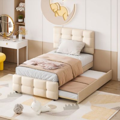 Lit rembourré 90 sur 200 cm lit gigogne tête de lit réglable tissu lin doux pour jeunes ou adultes canapé lit dappoint