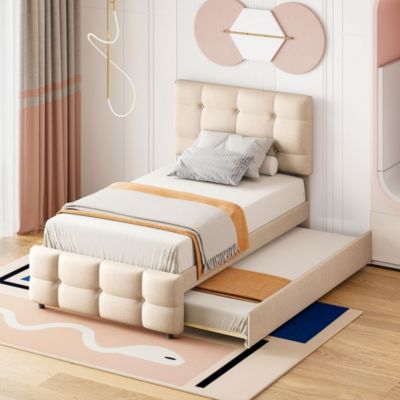 Lit rembourré 90 sur 200 cm lit gigogne tête de lit réglable tissu lin doux pour jeunes ou adultes canapé lit dappoint