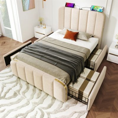 Lit rembourré 90 x 200 cm, lit simple avec 4 tiroirs, tête de lit avec fonction de recharge USB Type-C, lin, beige, sans matelas