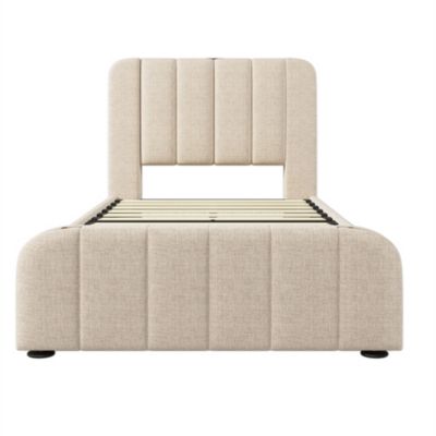 Lit rembourré 90 x 200 cm, lit simple avec 4 tiroirs, tête de lit avec fonction de recharge USB Type-C, lin, beige, sans matelas