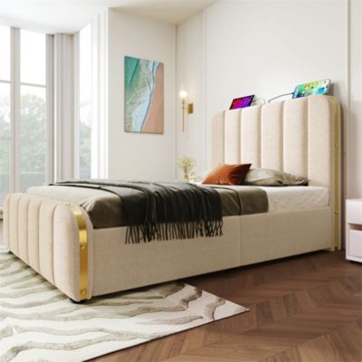 Lit rembourré 90 x 200 cm, lit simple avec 4 tiroirs, tête de lit avec fonction de recharge USB Type-C, lin, beige, sans matelas
