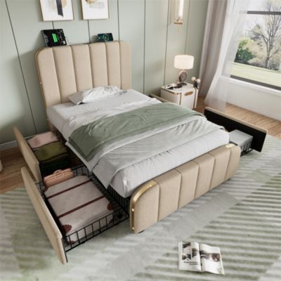 Lit rembourré 90 x 200 cm, lit simple avec 4 tiroirs, tête de lit avec fonction de recharge USB Type-C, lin, beige, sans matelas