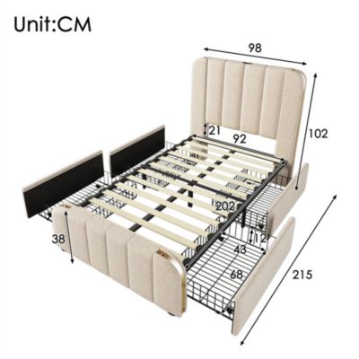 Lit rembourré 90 x 200 cm, lit simple avec 4 tiroirs, tête de lit avec fonction de recharge USB Type-C, lin, beige, sans matelas