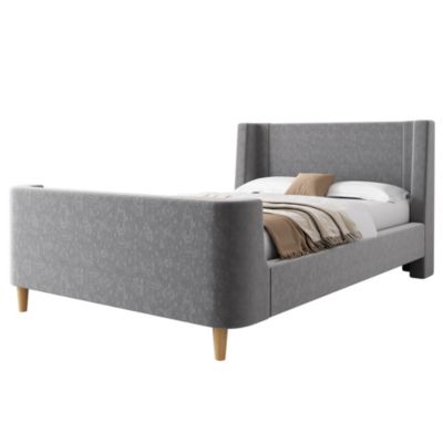 Lit rembourré 90 x 200 cm, tête de lit, sommier à lattes, sans matelas, gris, velours