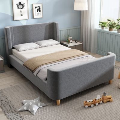 Lit rembourré 90 x 200 cm, tête de lit, sommier à lattes, sans matelas, gris, velours