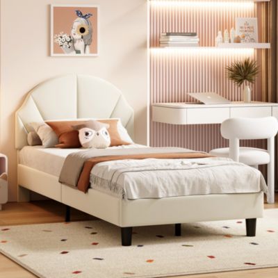 Lit Rembourré 90x200 cm avec Sommier à Lattes, Lit Enfant et Adolescent en Velours, Beige