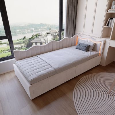 Lit rembourré 90x200 velours beige, canapé-lit gigogne multifonction sommier lattes enfant appoint