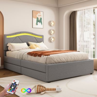 Lit rembourré 90x200cm avec LED télécommande, tête réglable, 2 tiroirs, style minimaliste, lin gris