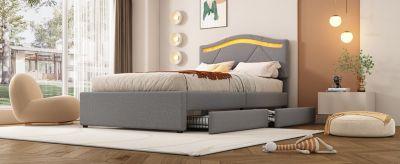 Lit rembourré 90x200cm avec LED télécommande, tête réglable, 2 tiroirs, style minimaliste, lin gris