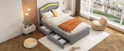 Lit rembourré 90x200cm avec LED télécommande, tête réglable, 2 tiroirs, style minimaliste, lin gris