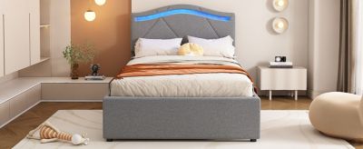 Lit rembourré 90x200cm avec LED télécommande, tête réglable, 2 tiroirs, style minimaliste, lin gris