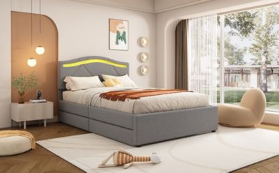 Lit rembourré 90x200cm avec LED télécommande, tête réglable, 2 tiroirs, style minimaliste, lin gris