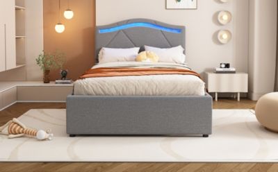 Lit rembourré 90x200cm avec LED télécommande, tête réglable, 2 tiroirs, style minimaliste, lin gris