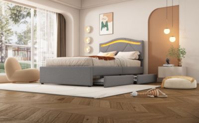 Lit rembourré 90x200cm avec LED télécommande, tête réglable, 2 tiroirs, style minimaliste, lin gris