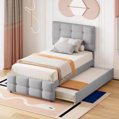 Lit rembourré gris 90 sur 200 cm avec lit gigogne tête réglable tissu lin doux pour invité ou ado