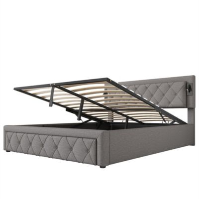 Lit rembourré hydraulique 160x200cm, lit double avec downlight et interface usb, avec sommier à lattes, lit de rangement, lin,gris