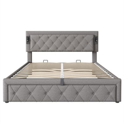 Lit rembourré hydraulique 160x200cm, lit double avec downlight et interface usb, avec sommier à lattes, lit de rangement, lin,gris