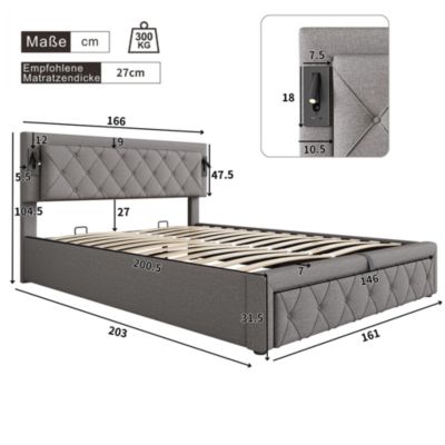 Lit rembourré hydraulique 160x200cm, lit double avec downlight et interface usb, avec sommier à lattes, lit de rangement, lin,gris