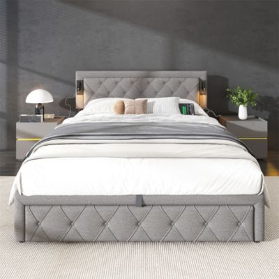 Lit rembourré hydraulique 160x200cm, lit double avec downlight et interface usb, avec sommier à lattes, lit de rangement, lin,gris