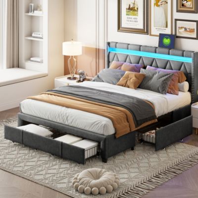 Lit Adulte 160x200 Cm, Lit Double Rembourré Avec éclairage LED, Prise USB Et 4 Tiroirs, Tissu En