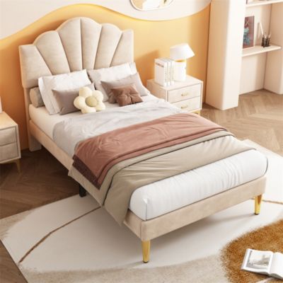 Lit rembourré Single 90x200 cm avec sommier à lattes - tête de lit réglable - tissu en velours - beige