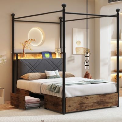 Lit simple 90x190 cm - Lit Baldaquin avec Tiroirs de Rangement et Ports USB/Type-C, Métal avec LED Intégré, Noir, Sans Matelas