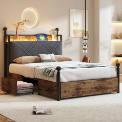 Lit simple 90x190 cm - Lit Baldaquin avec Tiroirs de Rangement et Ports USB/Type-C, Métal avec LED Intégré, Noir, Sans Matelas