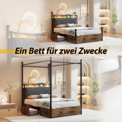 Lit simple 90x190 cm - Lit Baldaquin avec Tiroirs de Rangement et Ports USB/Type-C, Métal avec LED Intégré, Noir, Sans Matelas
