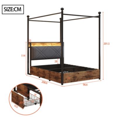 Lit simple 90x190 cm - Lit Baldaquin avec Tiroirs de Rangement et Ports USB/Type-C, Métal avec LED Intégré, Noir, Sans Matelas