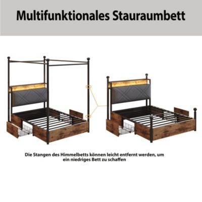 Lit simple 90x190 cm - Lit Baldaquin avec Tiroirs de Rangement et Ports USB/Type-C, Métal avec LED Intégré, Noir, Sans Matelas