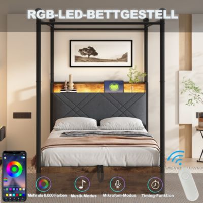 Lit simple 90x190 cm - Lit Baldaquin avec Tiroirs de Rangement et Ports USB/Type-C, Métal avec LED Intégré, Noir, Sans Matelas