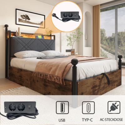 Lit simple 90x190 cm - Lit Baldaquin avec Tiroirs de Rangement et Ports USB/Type-C, Métal avec LED Intégré, Noir, Sans Matelas