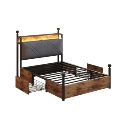 Lit simple 90x190 cm - Lit Baldaquin avec Tiroirs de Rangement et Ports USB/Type-C, Métal avec LED Intégré, Noir, Sans Matelas