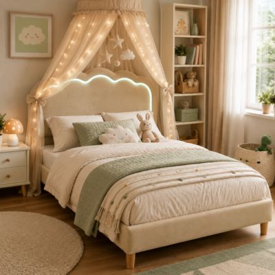 Lit simple 90x190 cm - Lit capitonné avec tête de lit LED réglable - Lin - Sans Matelas - Beige