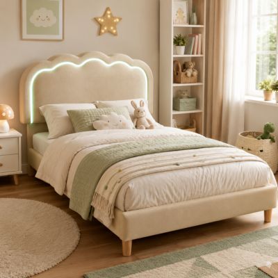 Lit simple 90x190 cm - Lit capitonné avec tête de lit LED réglable - Lin - Sans Matelas - Beige