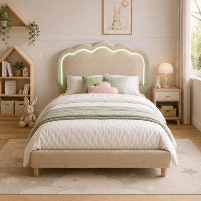 Lit simple 90x190 cm - Lit capitonné avec tête de lit LED réglable - Lin - Sans Matelas - Beige