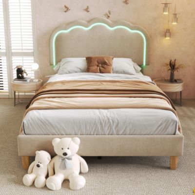 Lit simple 90x190 cm - Lit capitonné avec tête de lit LED réglable - Lin - Sans Matelas - Beige